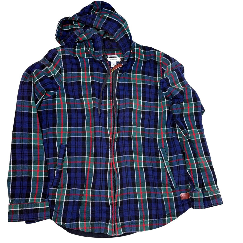 LL Bean Hoodie M Blue Green Plaid Relaxed Fit Cotton Full Zip Flannel Jacket